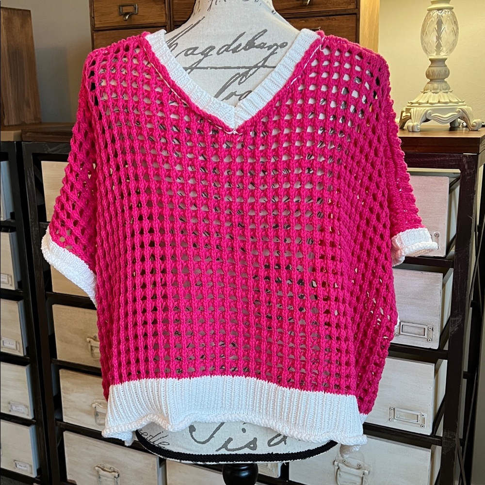 POL Pink and White Peace Crochet Open Knit Crop Top Sz L - Picture 4 of 10